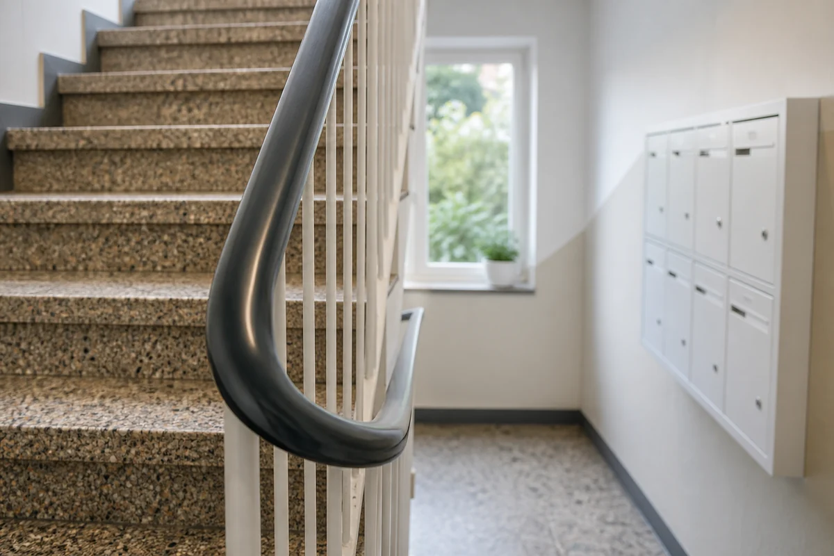Sauberer Handlauf und Treppenbereich in einem Mehrfamilienhaus